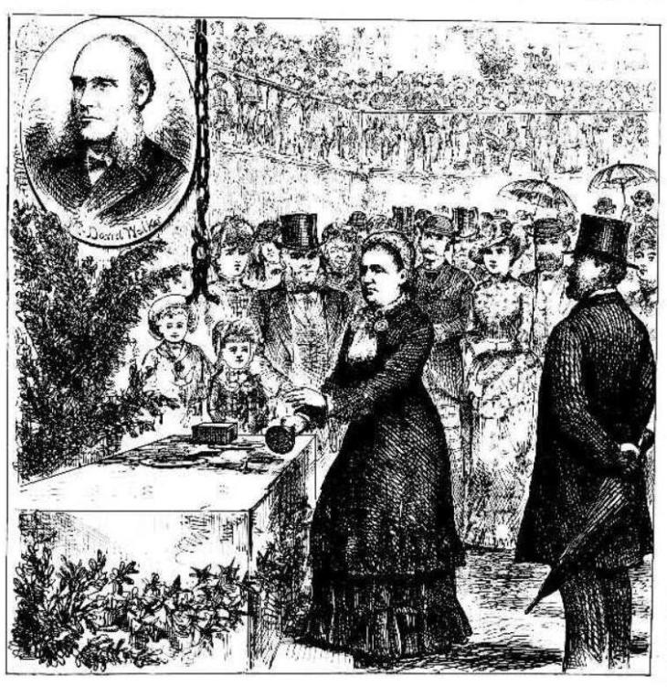Mrs Margaret Hampson, lady evangelist, laying the foundation stone of the YMCA building in 1883. The inset is David Walker.