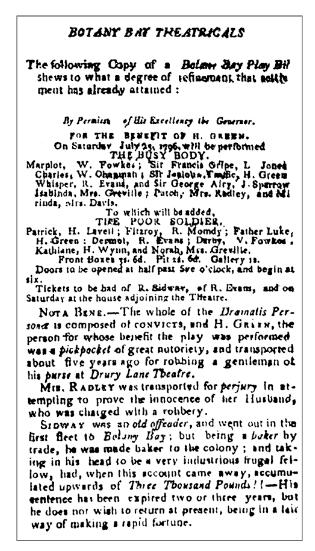 Botany Bay Theatricals as reported in an English newspaper Oracle 13 July 1797 with added notes on Sidaway and others