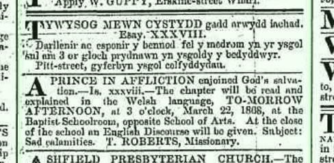 Avertisement for Welsh Church Services  SMH March 21, 1868, 1.